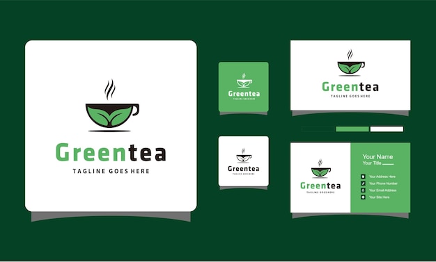 Diseño de logotipo minimalista de hoja de taza de té verde para restaurante cafetería