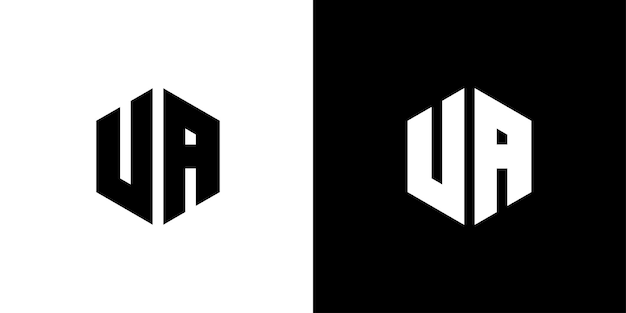 Diseño de logotipo mínimo hexagonal de polígono de letra UA sobre fondo blanco y negro