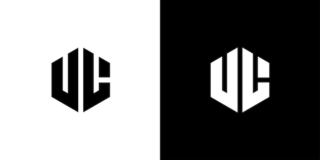 Diseño de logotipo mínimo hexagonal de polígono de letra UL sobre fondo blanco y negro