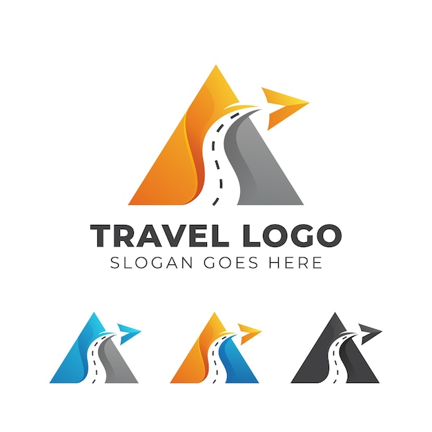 Diseño de logotipo moderno de letra A abstracta con símbolo de carretera y avión, ilustración de logotipo de icono de viaje de agencia de triángulo