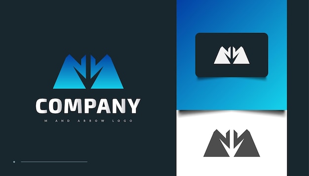 Diseño de logotipo moderno letra M con concepto de flecha hacia abajo en degradado azul. Plantilla de diseño de logotipo M