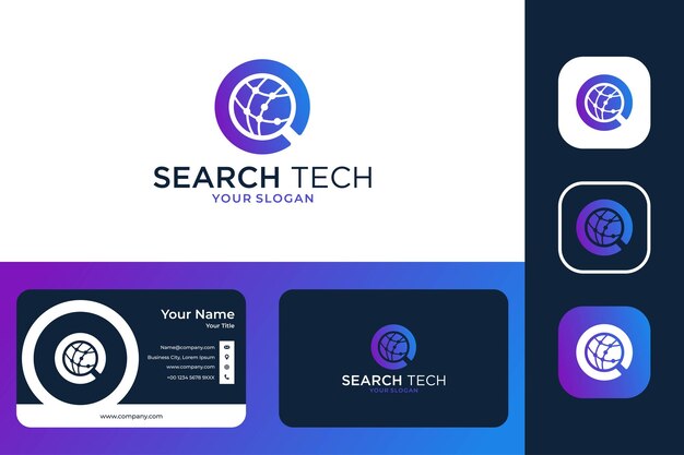 Diseño de logotipo moderno de tecnología de búsqueda y tarjeta de visita.