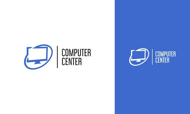 Diseño de logotipo de monitor de computadora simple para identidad de tienda de tecnología