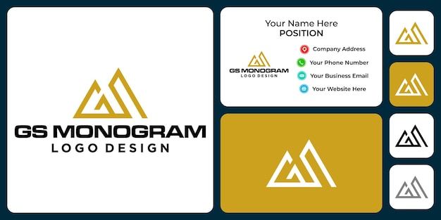 Diseño de logotipo de montaña con monograma de letra GS con plantilla de tarjeta de visita