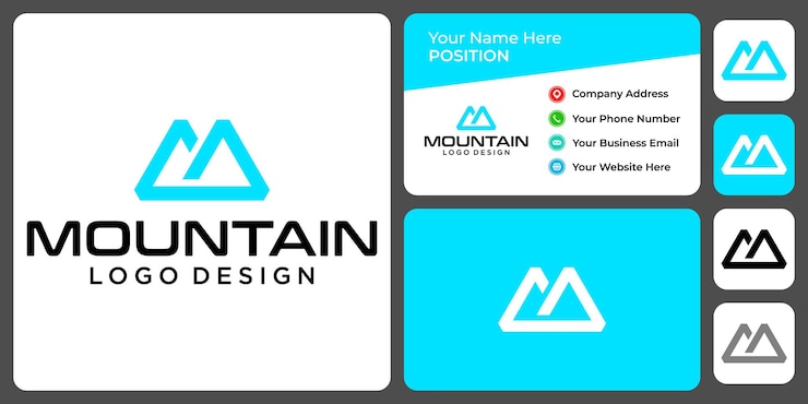 Vector diseño de logotipo de montaña con monograma de letra m con plantilla de tarjeta de visita