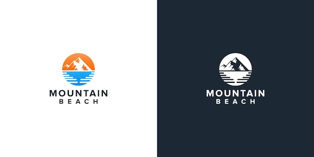 Diseño de logotipo de montaña y playa de olas.