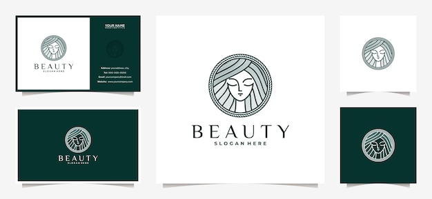 Diseño de logotipo de mujer elegante con estilo de arte lineal y tarjeta de visita.