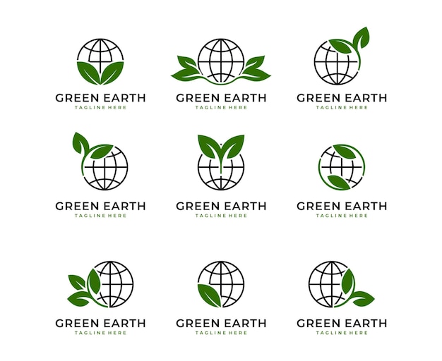 Diseño de logotipo de mundo verde con plantilla de diseño de icono de vector de globo de hoja de árbol