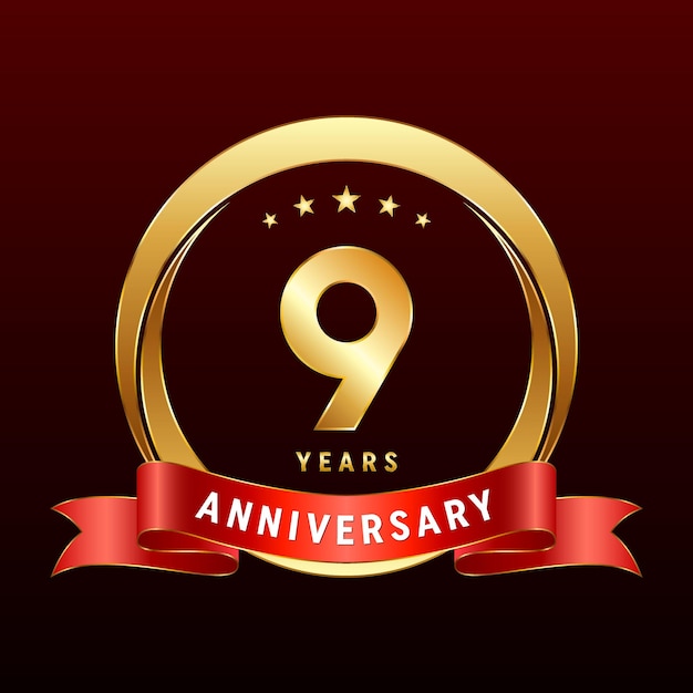 Diseño de logotipo del noveno aniversario con anillo dorado y cinta roja Ilustración de plantilla de vector de logotipo
