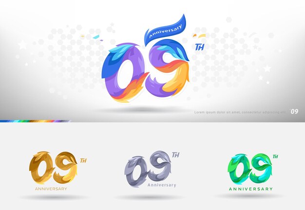 Diseño del logotipo del noveno aniversario Estilo colorido moderno Celebración de números alegres con variación de colores