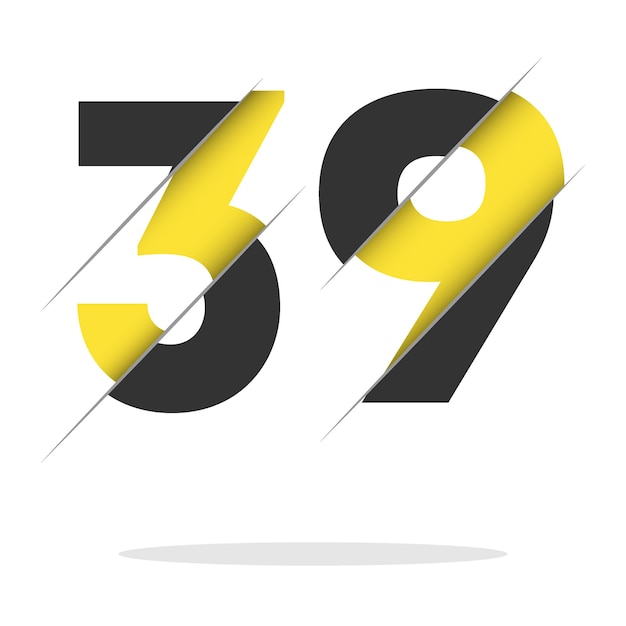 39 Diseño de logotipo de número negro y amarillo cortado por la mitad