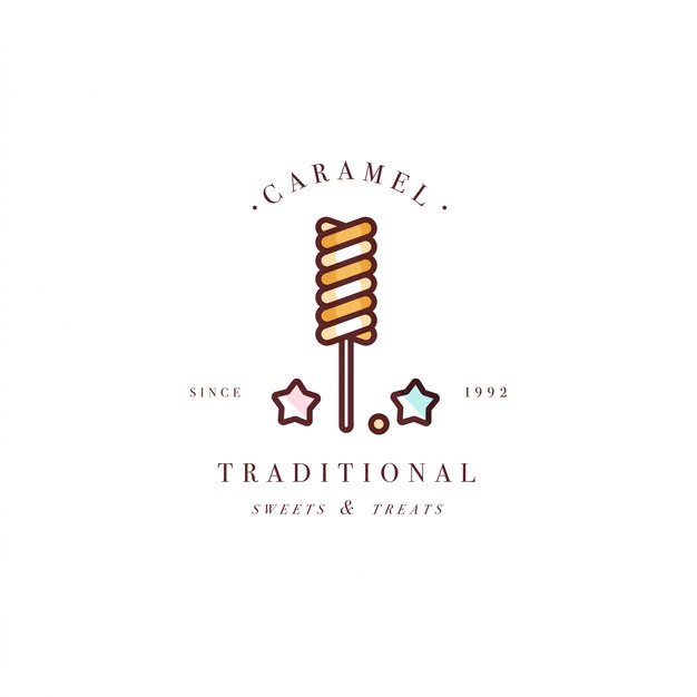 Diseño de logotipo o emblema de plantilla colorida - piruleta con chispas de caramelo. dulce icono logotipos en moda estilo lineal aislado sobre fondo blanco.