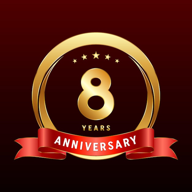 Diseño del logotipo del octavo aniversario con anillo dorado y cinta roja Ilustración de plantilla de vector de logotipo