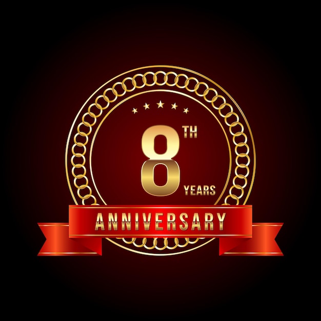 Diseño del logotipo del octavo aniversario con número dorado y cinta roja Ilustración de plantilla de logotipo vectorial