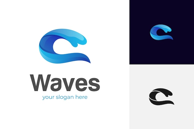Diseño de logotipo de olas azules abstractas con elementos de letra c de salpicaduras símbolo para la naturaleza signos del océano plantilla de Logotipo de agua pura