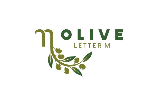 Diseño de logotipo de oliva con ilustración de vector de oliva verde natural de concepto de letra m