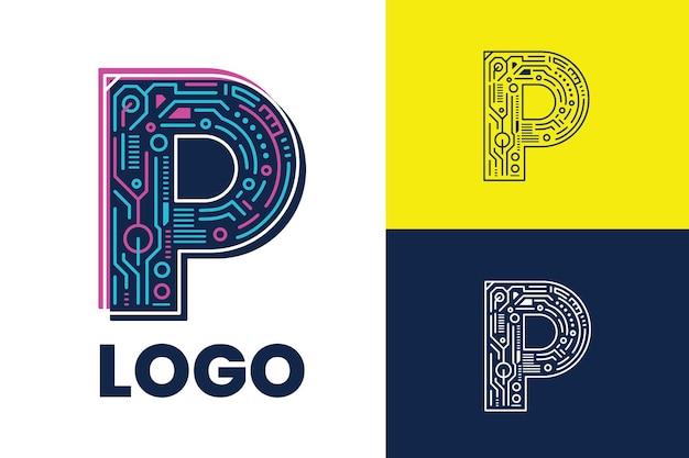 Diseño del logotipo p con tecnología y estilo de circuito