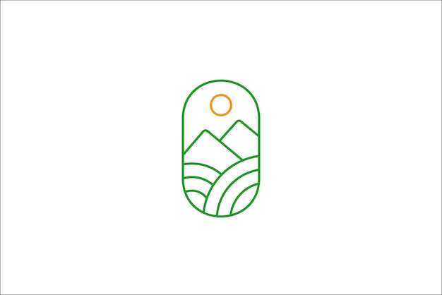 Diseño del logotipo del paisaje natural de montaña en marco oval