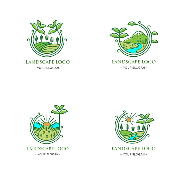 Diseño de logotipo de paisaje verde hoja natural alrededor del círculo verde