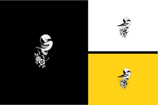 Diseño de logotipo de pájaro y flores vector blanco y negro