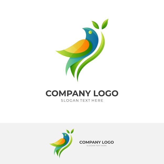 Diseño de logotipo de pájaro natural logotipo de combinación de pájaro y hoja con estilo colorido 3d