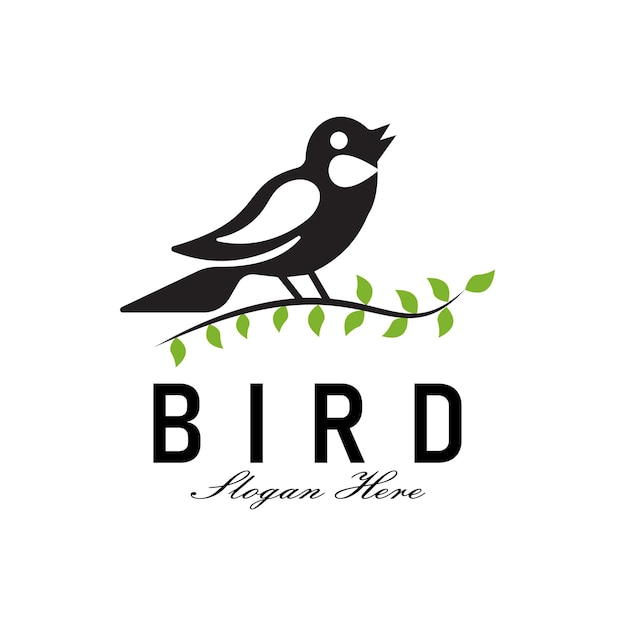 Diseño del logotipo del pájaro de silueta negra en la rama de la hoja Ilustración simple de un amante de los pájaros vintage