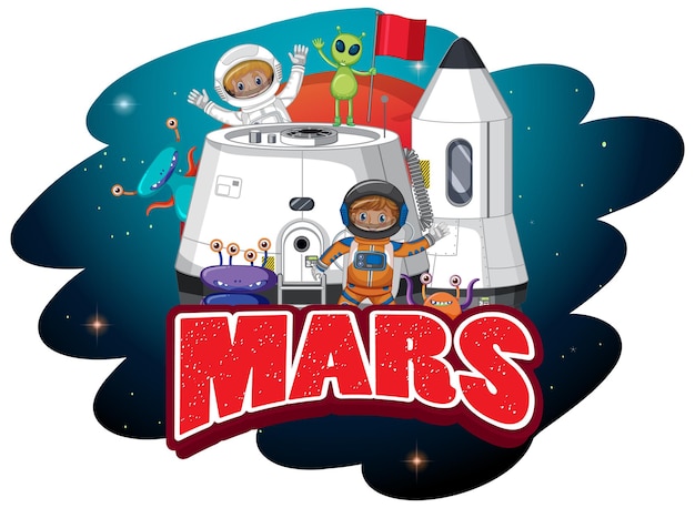 Vector diseño de logotipo de la palabra marte con niños astronautas y extraterrestres.