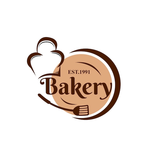 Diseño de logotipo de panadería con estilo plano de sombrero de chef de panadería e ilustración de cuchara
