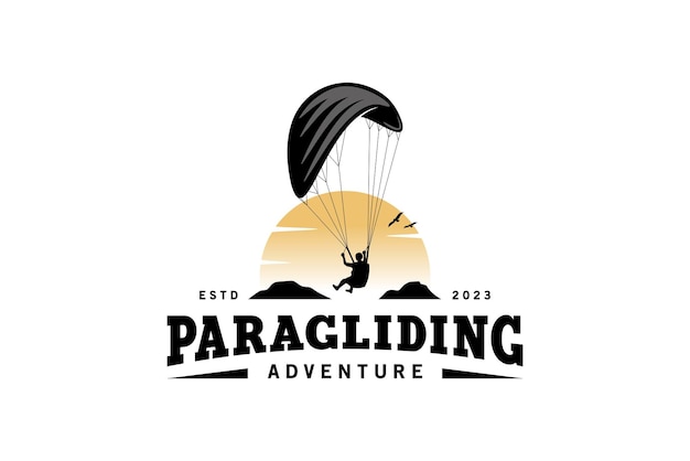 Diseño de logotipo de parapente de aventura con fondo de sol vintage