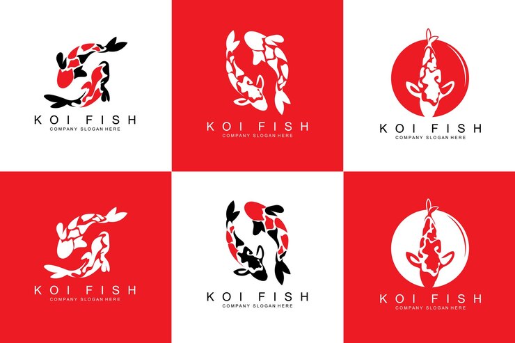Diseño de logotipo de peces koi Vector de peces ornamentales Ornamento de acuario Ilustración Producto de marca