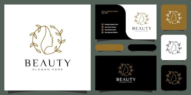 Diseño de logotipo de peinado de mujer de belleza con tarjeta de visita para elementos de salón de personas de la naturaleza