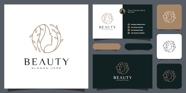 Diseño de logotipo de peinado de mujer de belleza con tarjeta de visita para elementos de salón de personas de la naturaleza