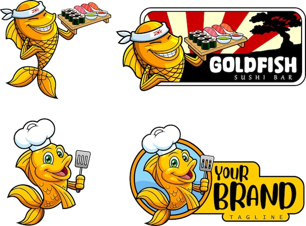 Diseño de logotipo de personaje de dibujos animados gold fish o goldfish. conjunto de colección de vectores dibujados a mano