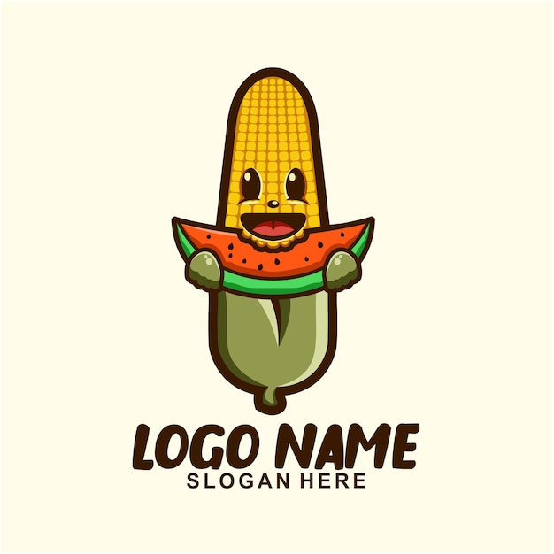 Vector diseño de logotipo de personaje de mascota linda sandía comiendo maíz