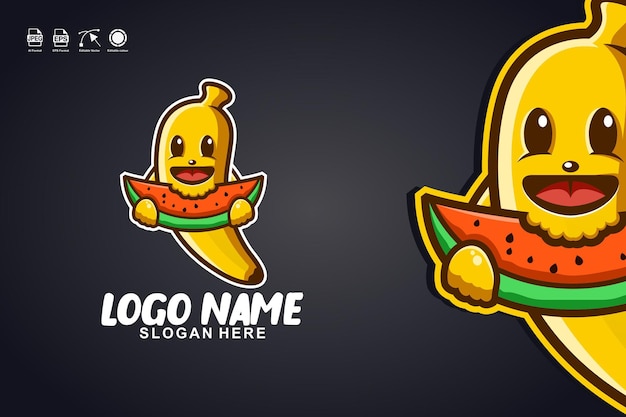 Diseño de logotipo de personaje de mascota lindo plátano comiendo sandía