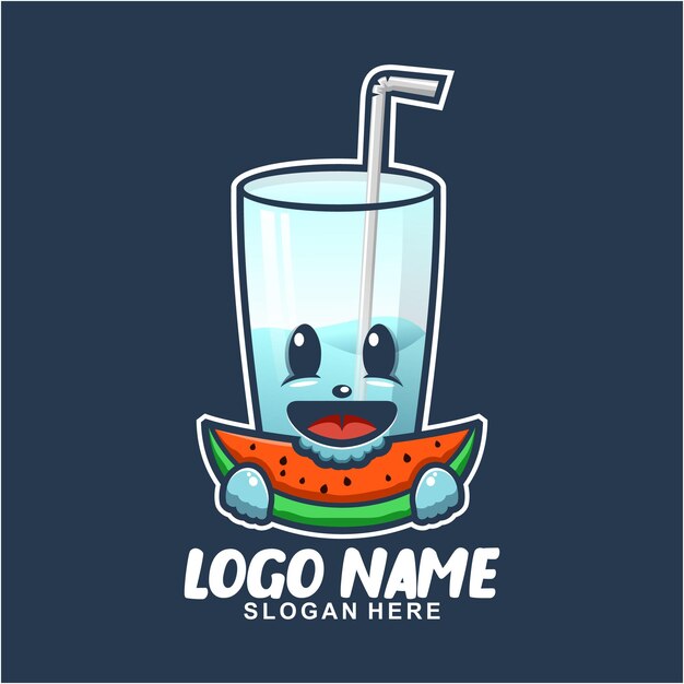 Diseño de logotipo de personaje de mascota lindo vaso comiendo sandía