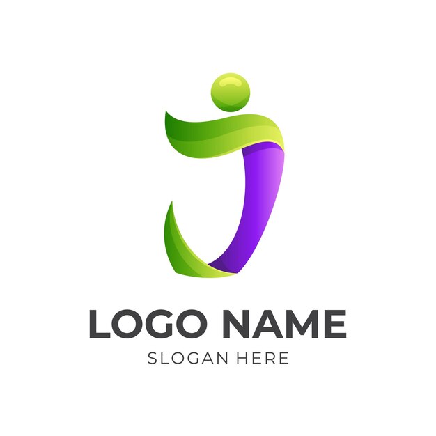 Diseño de logotipo de personas con letra J y logotipo combinado de letra J con estilo de color verde y morado 3d