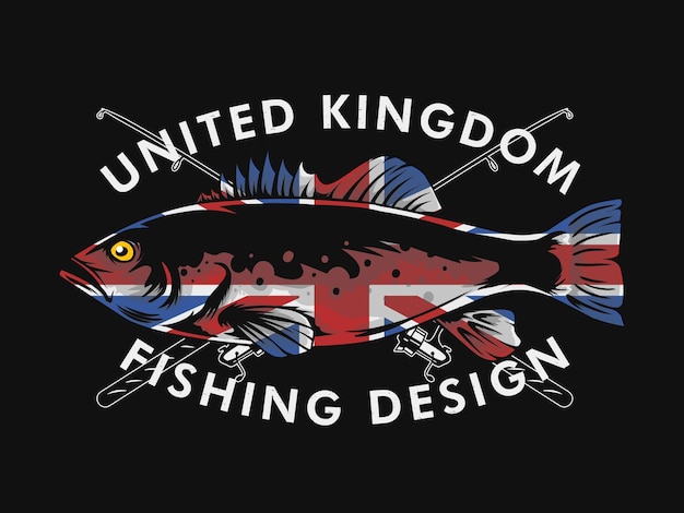 Diseño de logotipo de pesca con bandera Union Jack en el interior.