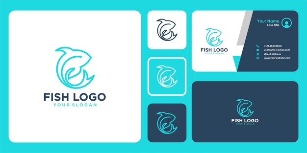 Diseño de logotipo de pescado con arte lineal y tarjeta de visita