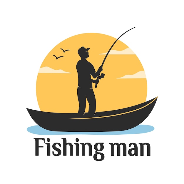 Diseño del logotipo del pescador en un barco