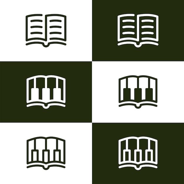 diseño de logotipo de piano y libro aprendizaje de música símbolo de estilo lineal ilustración vectorial