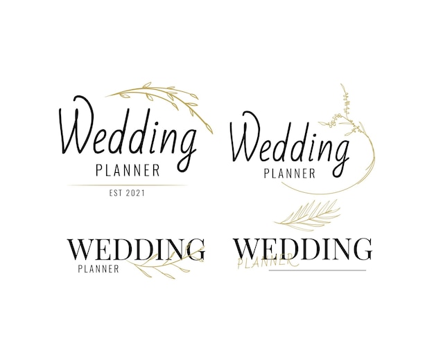 Diseño de logotipo de planificador de bodas floral con estilo minimalista dibujado a mano