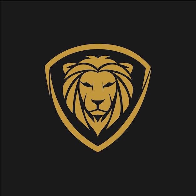 Diseño de logotipo plano de cabeza de león dorado con ilustración de vector de concepto de escudo.