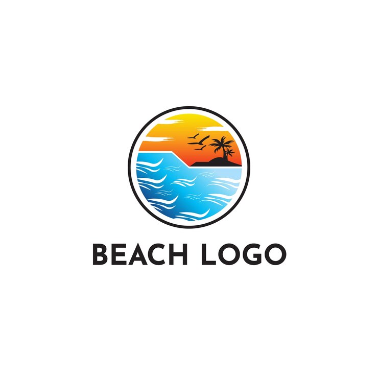 El diseño del logotipo de la playa en un archivo vectorial con un barco de hojas de coco de olas marinas y un diseño solar
