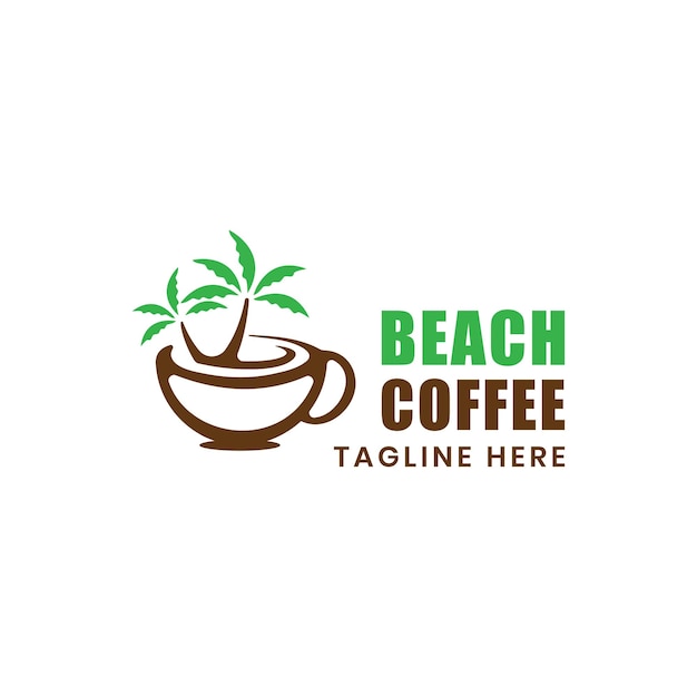 Diseño del logotipo de la playa de la cafetería concepto creativo único copa de café palmera