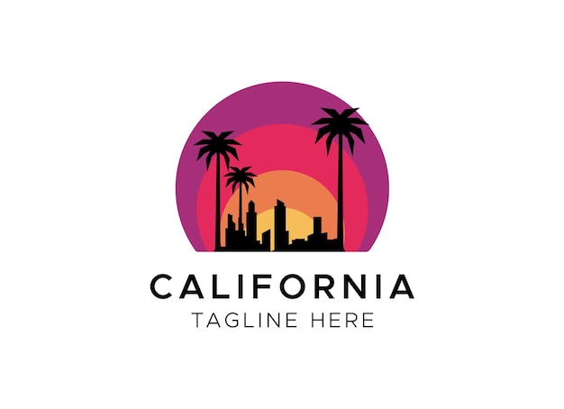 Diseño del logotipo de la playa de California. Conjunto de atardeceres retro al estilo de los años 80 y 90.