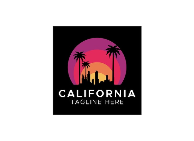 Diseño del logotipo de la playa de California. Conjunto de atardeceres retro al estilo de los años 80 y 90.