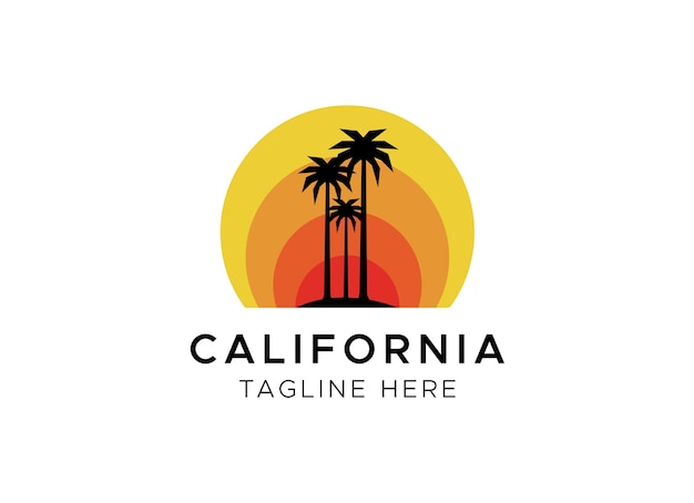 Diseño del logotipo de la playa de California. Conjunto de atardeceres retro al estilo de los años 80 y 90.