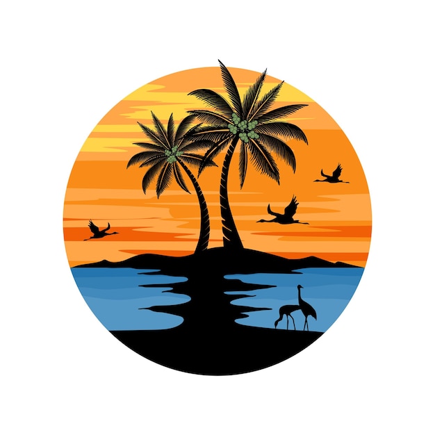 diseño de logotipo de playa y puesta de sol concepto de puesta de sol y palmera