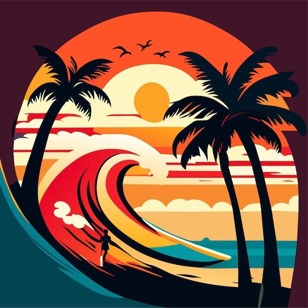 Diseño de logotipo de playa de verano o diseño de camiseta o diseño de tabla de surf